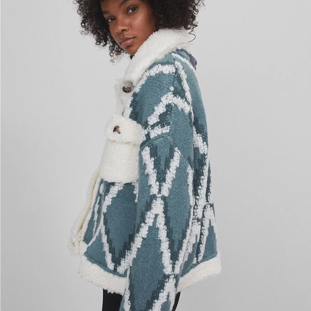 #5 LAST 1! Blue cream Tribal Aztec Bohemian Sherpa button relaxed jacket sweater - Picture 10 of 10
